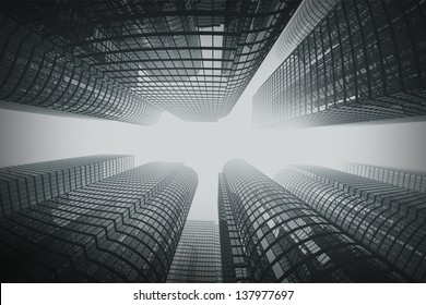 Low Angle Shot Of Modern Glass City Buildings In Fog. Fisheye Lens Effect.