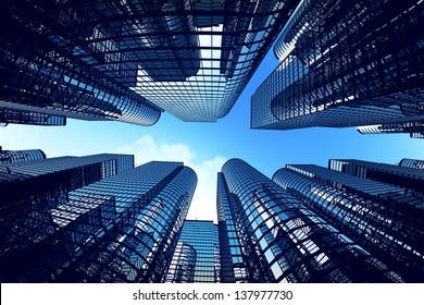Low angle shot of modern glass city buildings during sunny day. Fisheye lens effect.