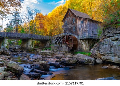 A Low Angle Shot Of An Old Wood Mill At Babcock State Park, West Virginia