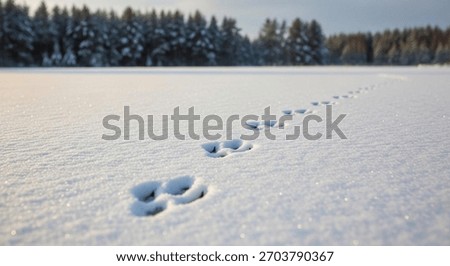 Low angle shot of rabbit or hare tracks crossing a pristine snow field toward a blurred winter forest line at sunrise, emphasizing snow crystal sparkle.