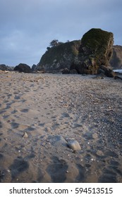 Low Angle Shot Of Rocky Beach With Footprints And Driftwood In The Sand