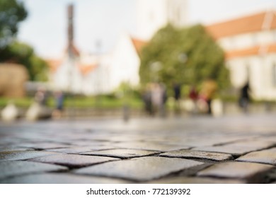 Low Angle Shot Of Wet Old Pavement In Tallinn