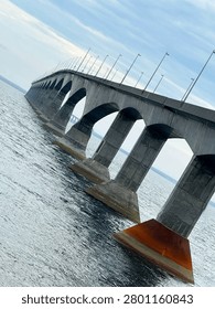 Low angle side view of the Confederation Bridge, the longest bridge in the world over ice-covered water, connecting New Brunswick and Prince Edward Island, Canada.
