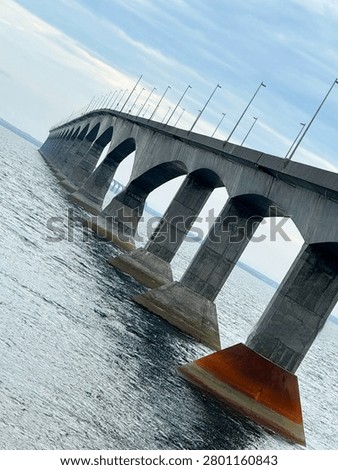 Low angle side view of the Confederation Bridge, the longest bridge in the world over ice-covered water, connecting New Brunswick and Prince Edward Island, Canada.