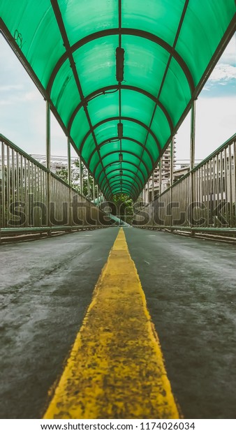 Low angle\
sky walk foot bridge, Bangkok\
Thailand