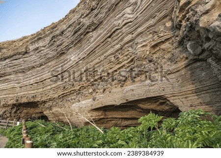 Low angle and spring view of geological stratum at Suwolbong Peak and Eongal Coast near Hankyung of Jeju-si, Jeju-do, South Korea
