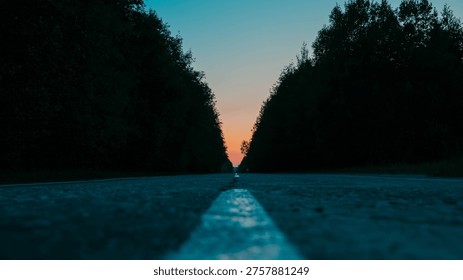 Low angle surface view of an empty asphalt road with a white dividing line leading straight into the distance through a dark forest at beautiful sunset.