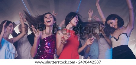 Low angle top view of gorgeous, nice, stunning, adorable, good-looking ladies in skirt, dress rest relax and chill on party in night club raised hands up