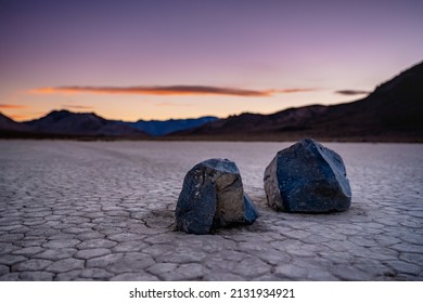 Low Angle Of Two Sharp Sailing Stones At Sunset In Death Valley