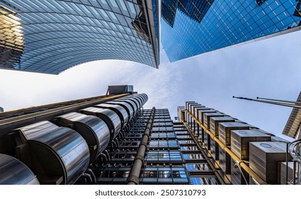 Low angle upward exterior view of the brutalist Lloyd Building, with exterior tubes and stairs and other glass-fronted skyscrapers in front pointing towards the clear blue sky.