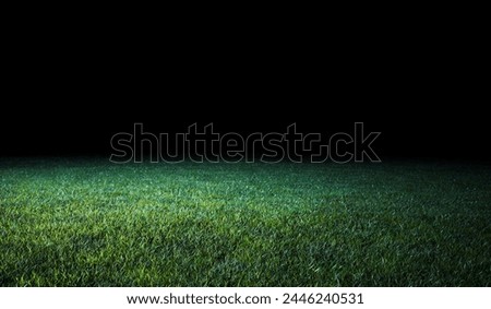 Low angle view across the neatly cut green grass of a lawn or sports field in shadowy evening light for use as a background image