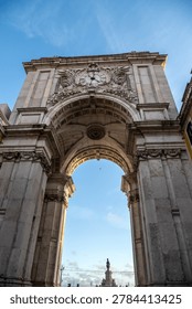 Low Angle View of Arco da Rua Augusta on a Bright Sunny Day in Lisbon, Portugal