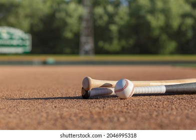 Low angle view of a baseball and wooden bats on dirt infield of baseball park in afternoon sunlight