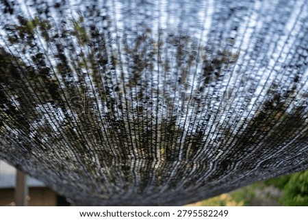 Low angle view of black plastic sun shade net with silhouettes of green trees blurred in the background