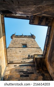 low angle view at the bridge tower of the lesser town of Prague, Czechia