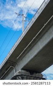 Low angle view of a bridge's underside, showcasing concrete structure against a blue sky. Underneath the Bridge: A View of Concrete and Sky
