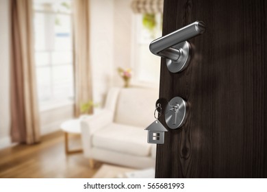 Low Angle View Of Brown Door With House Key Against Sitting Room