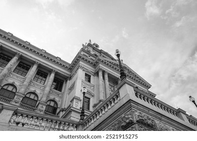 Low angle view of a building in black and white 