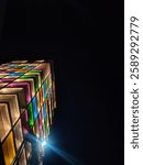 low angle view of a building with contemporary Architecture, modern design, and colourful lighting facades. Seybouse hotel. Annaba. Algeria