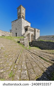 Low angle view of the Clock Tower added to the citadel by Ali Pasha in his AD 1812 reconstruction to display the time for people to know the moment of the five daily prayers. Gjirokaster-Albania.