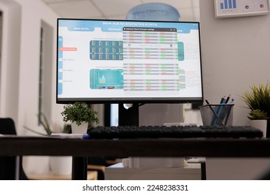 Low angle view of computer screen with main statistics and data software in a financial company. Empty office with keyboard and pencils on the table, working place of financial specialists.