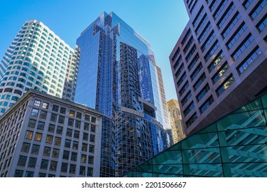  low angle view of downtown skyscraper             