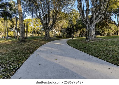 A low angle view of an empty park with a paved walkway, taken on a sunny day.