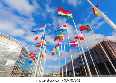 low angle view of European flags in the European district on the Kirchberg Plateau, Luxembourg