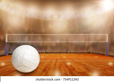 Low angle view of fictitious volleyball arena with sports fans in the stands and copy space. Focus on foreground with deliberate shallow depth of field on background.