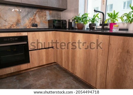 Low angle view of fitted wooden kitchen cabinets with stone top and built-in electric oven and hob with small appliances and leafy green potted plants on the counter