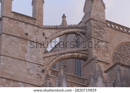 Low Angle View of Flying Buttresses and Gothic Architecture of Cathedral of Santa Maria of Palma in Mallorca Spain