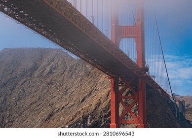 Low Angle View of the Golden Gate Bridge in Coastal Fog, San Francisco