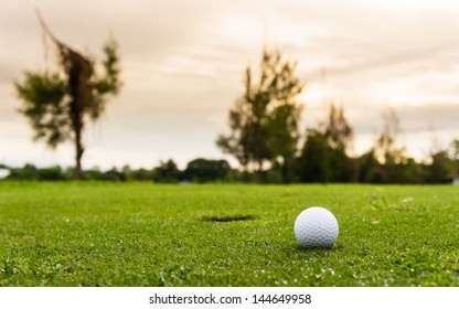 Low Angle View Of Golf Ball On Green