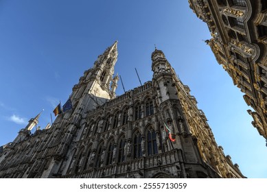 Low Angle View of the Historic Town Hall Facade at the Grand Place - Brussels, Belgium - Powered by Shutterstock