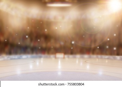 Low angle view of hockey arena with sports fans in the stands. Focus on foreground with deliberate shallow depth of field on background with camera flashes and lens flare effect.