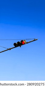Low angle view of a horizontal traffic light showing red signal against a vibrant clear blue sky background. Urban transportation and road safety concept