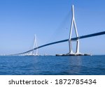 Low angle view of Incheon Bridge on the sea at Incheon, South Korea
