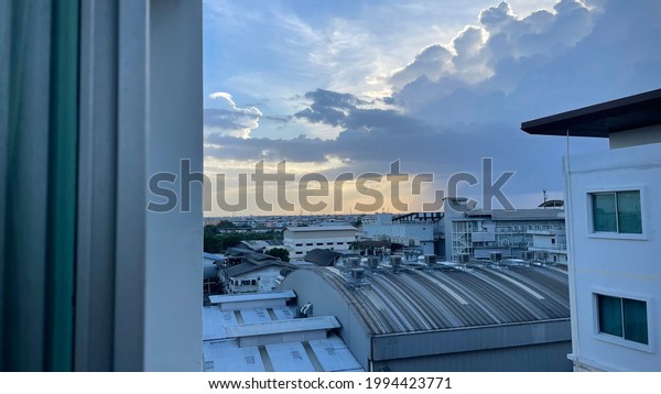 Low Angle View of Industrial Roof With Sunset\
Sky, Industrial Roof...