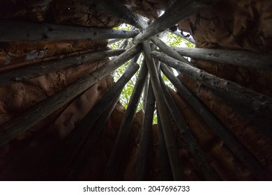 Low angle view of the inside of a wood and birch bark traditional native tipi, Gaspé, Quebec, Canada