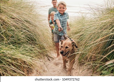 Low angle view of a little boy and his family walking the dog through the sand dunes. 
