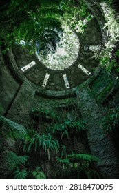 Low angle view looking up inside an ancient stone tower covered in ferns and ivy, featuring a circular skylight open to the blue sky.