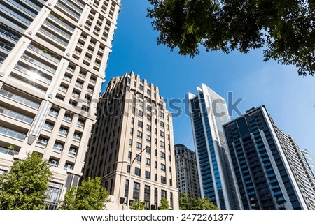 Low angle view of the modern architectural landscape in Taichung, Taiwan. 