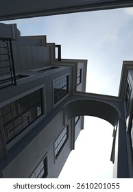 Low angle view of a modern building with arched passage and symmetrical windows under a clear sky