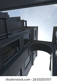 Low angle view of a modern building with arched passage and symmetrical windows under a clear sky