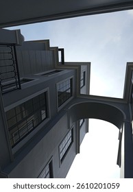 Low angle view of a modern building with arched passage and symmetrical windows under a clear sky