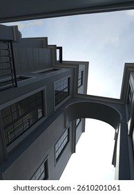 Low angle view of a modern building with arched passage and symmetrical windows under a clear sky