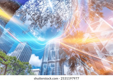 A low angle view of modern buildings with a blue sky and white clouds, lit with bright blue and orange light streaks. - Powered by Shutterstock