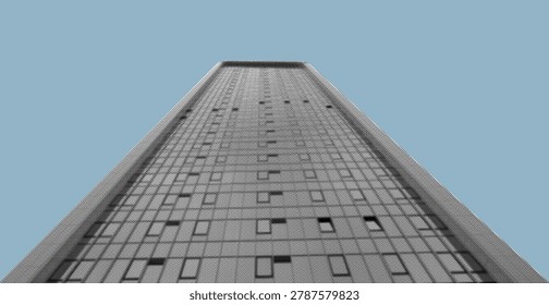 Low angle view of a modern skyscraper with a glass facade against a clear sky. The tall office tower rises in a symmetrical urban architecture composition. Ideal for real estate, business, and city