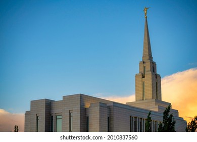 A Low Angle View Of A Mormon Church In Utah At The Sunset