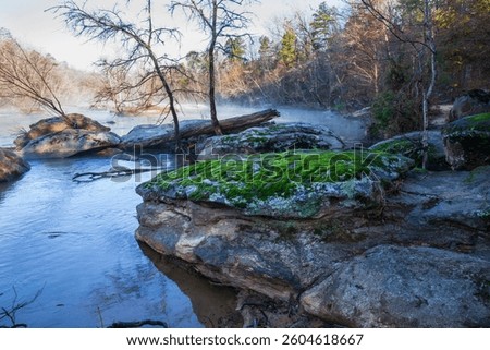 Low angle view of moss covered rock and the river at Nesbitt Shoals Nature Park near Roebuck South Carolina